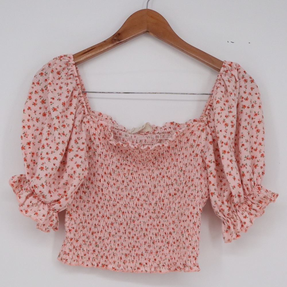 Saints & Hearts Top Womens Medium Pink Floral Puff Sleeve Smocked Exc